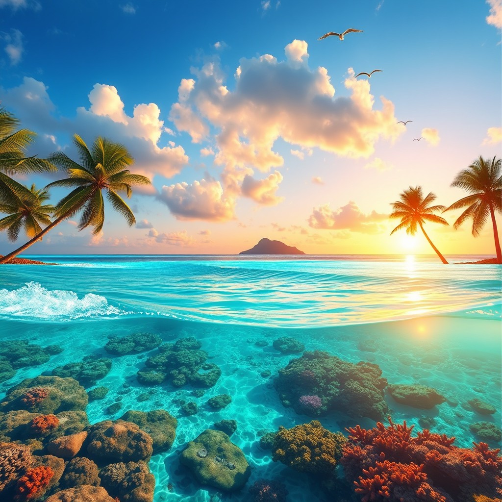 A stunning virtual hologram of a tropical ocean view, featuring vibrant turquoise waters, swaying palm trees, and a brilliant sunset casting warm hues across the sky
