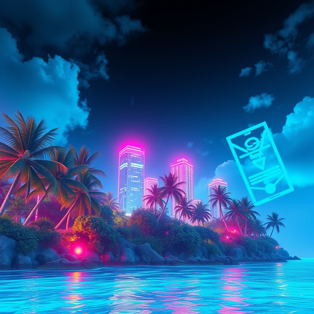 A stunning and vibrant tropical sea view, rendered as a virtual hologram in a cyberpunk style
