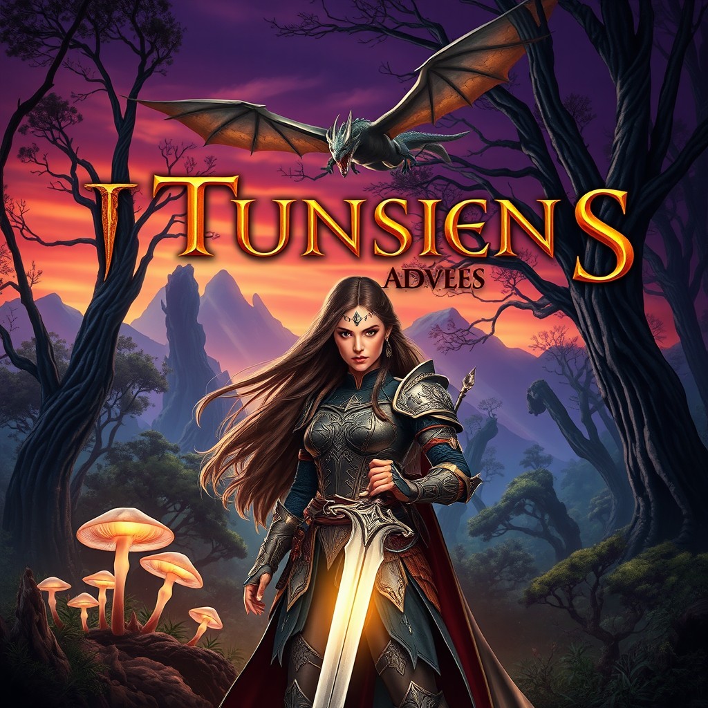 A fantasy book cover featuring a mystical forest landscape, with towering ancient trees and ethereal glowing mushrooms