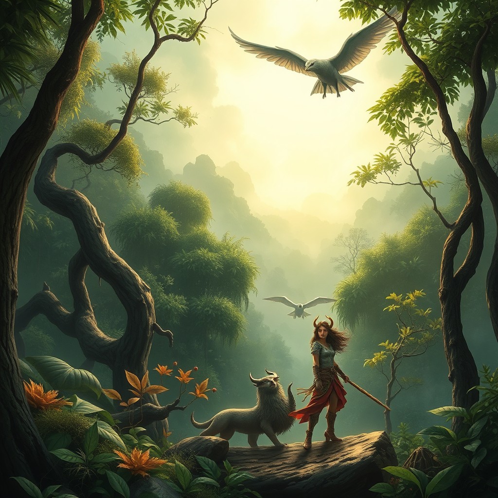 Sampul buku bertema fantasi yang menampilkan lanskap hutan mistis, dengan pohon-pohon tua yang menjulang tinggi dan jamur bercahaya yang etereal