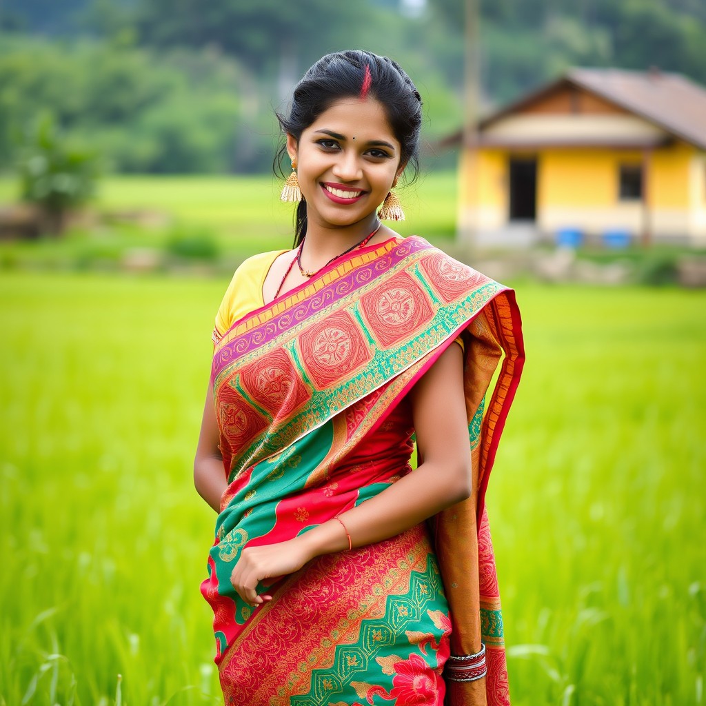 A beautiful Indian village woman wearing a traditional saree that elegantly drapes around her figure