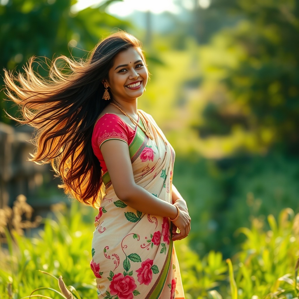 A captivating scene featuring an Indian village woman dressed in a stunning traditional saree that highlights her figure, enhancing her curves