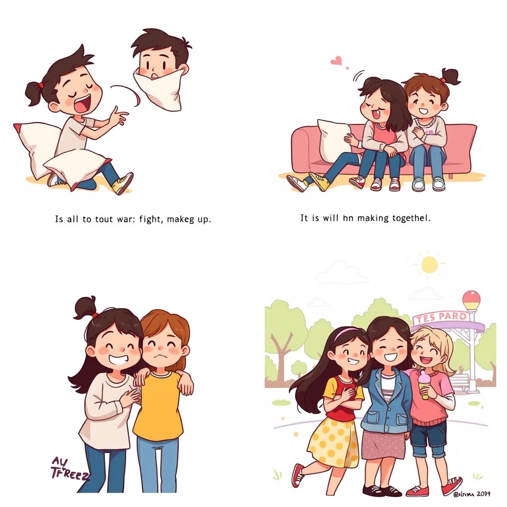 A five-panel cartoon comic style illustration depicting a heartfelt story of two friends
