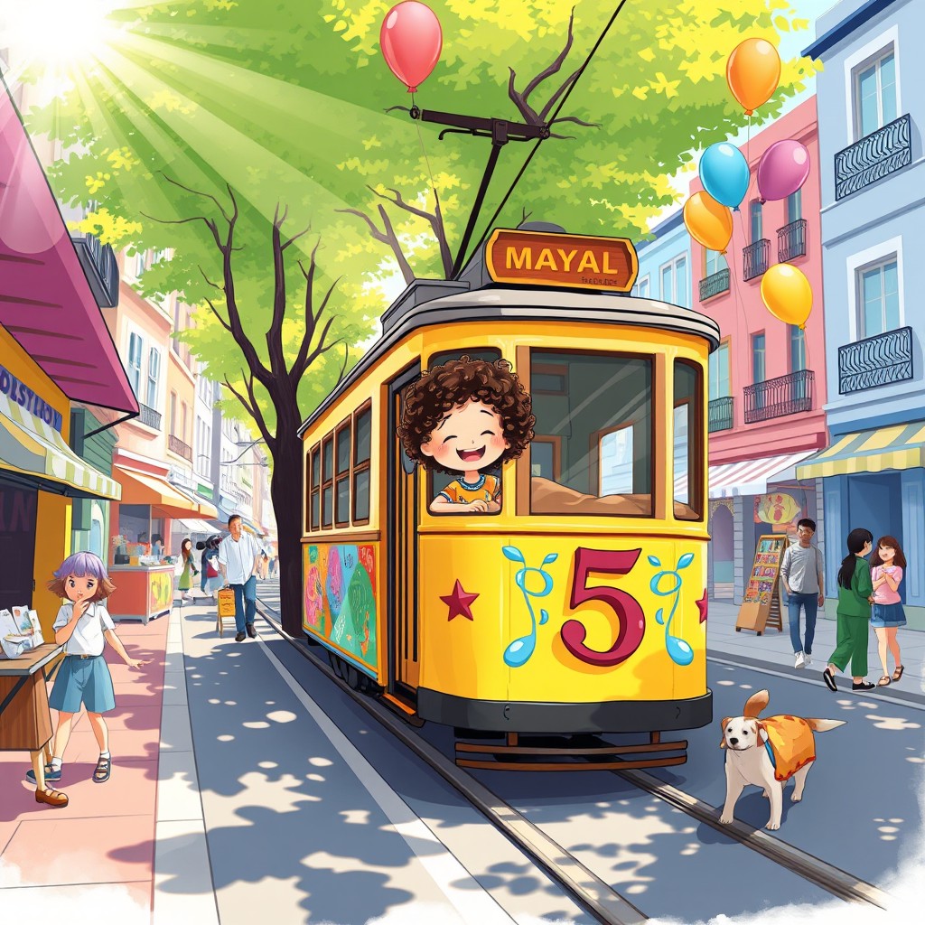A vibrant and whimsical illustration depicting the adventures of Maya and tram number 5 in a bustling urban setting