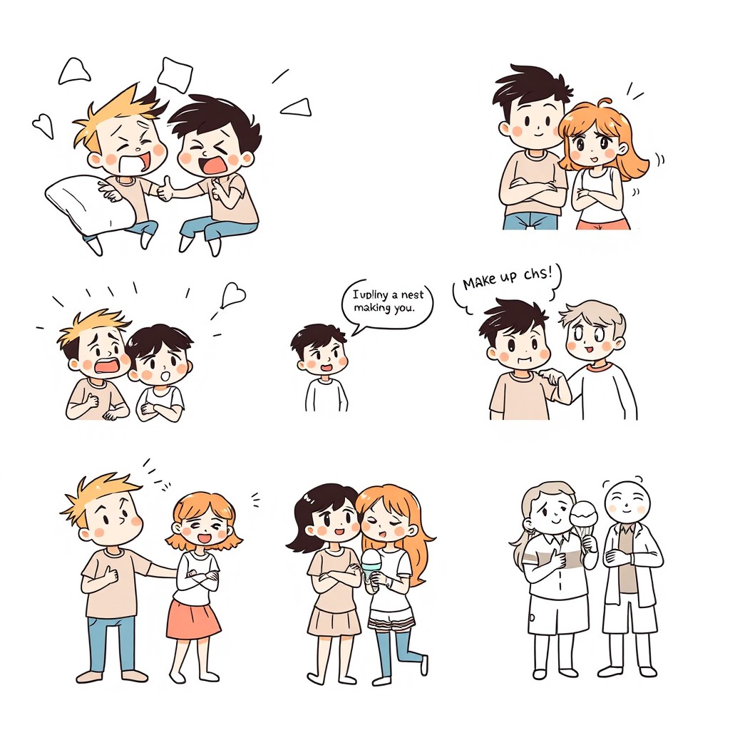 A five-panel cartoon comic style illustration showcasing the evolving emotions of two friends through distinct scenes