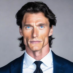 A tall and muscular man with dark blue eyes, white skin, and wavy black hair. He has a less defined jawline and is clothed in a stylish suit.