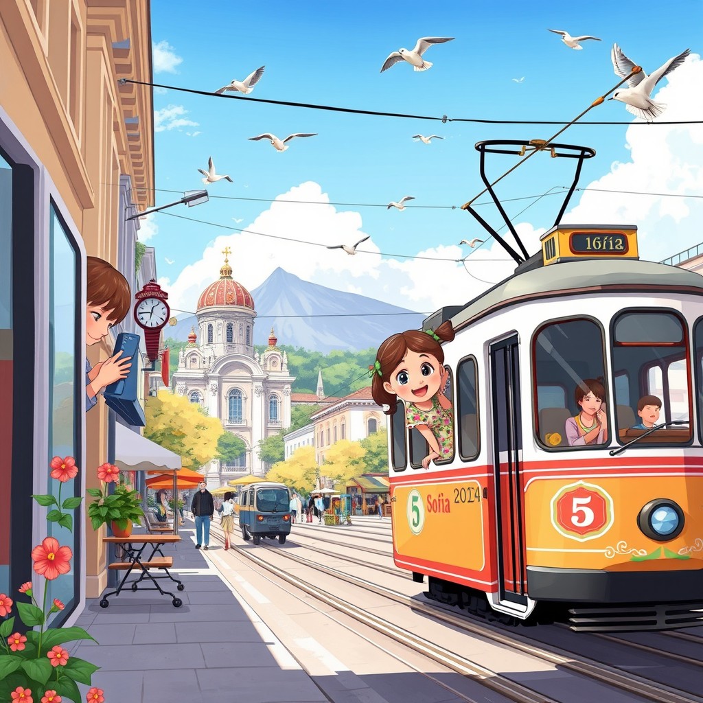 An enchanting illustration of little Maya's adventures aboard tram number 5 in Sofia, Bulgaria