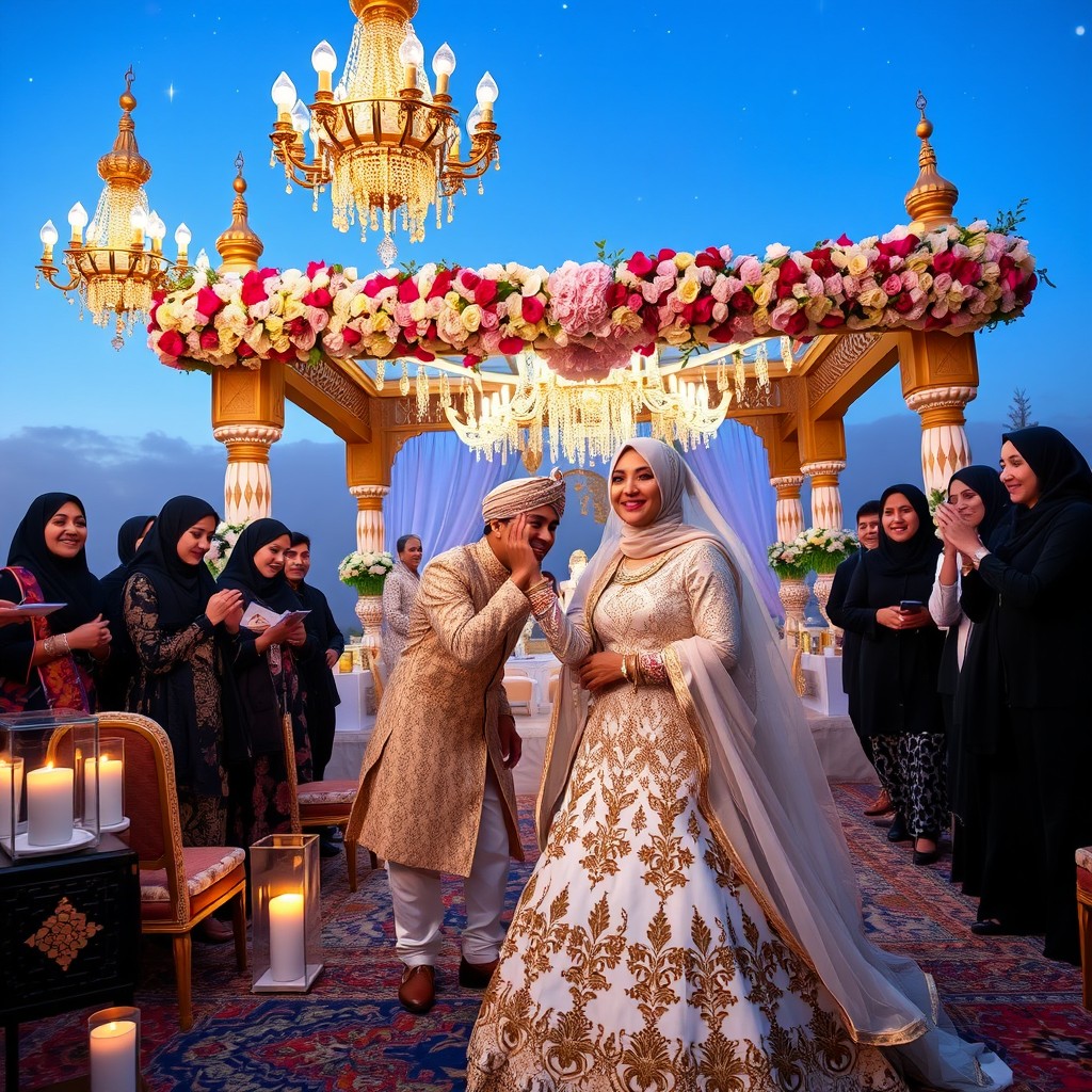 A beautifully decorated Islamic wedding scene, showcasing a traditional setting with intricate geometric patterns and vibrant colors