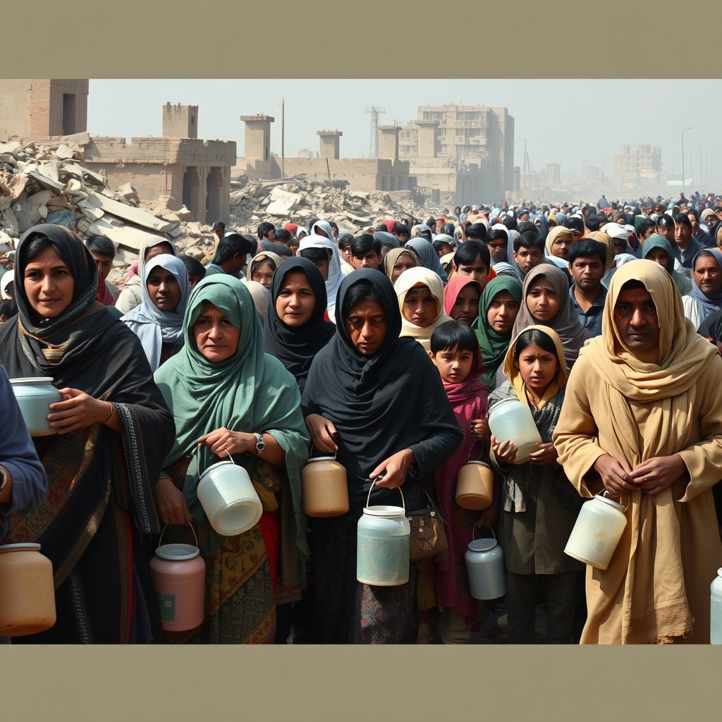 A scene depicting a humanitarian crisis in a conflict zone, where displaced individuals are waiting in long lines for food and water