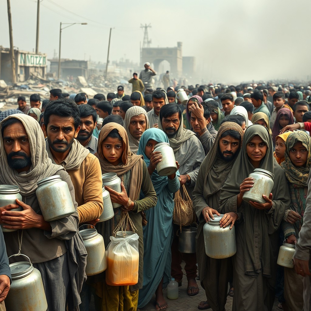 A highly realistic scene depicting a humanitarian crisis in a war or conflict zone, where displaced individuals are standing in long lines, holding pots and containers, anxiously waiting for food and water