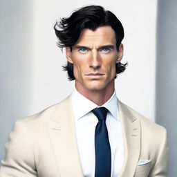 A tall and muscular man with dark blue eyes, white skin, and wavy black hair. He has a less defined jawline and is clothed in a stylish suit.