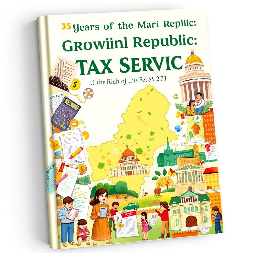 An illustrated book cover depicting the rich history of the Tax Service in the Mari El Republic over the past 35 years