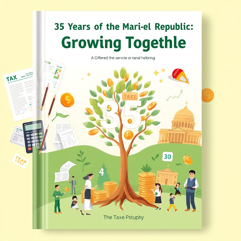 An illustrated book cover showcasing the history of the Tax Service in the Mari El Republic, celebrating 35 years of service