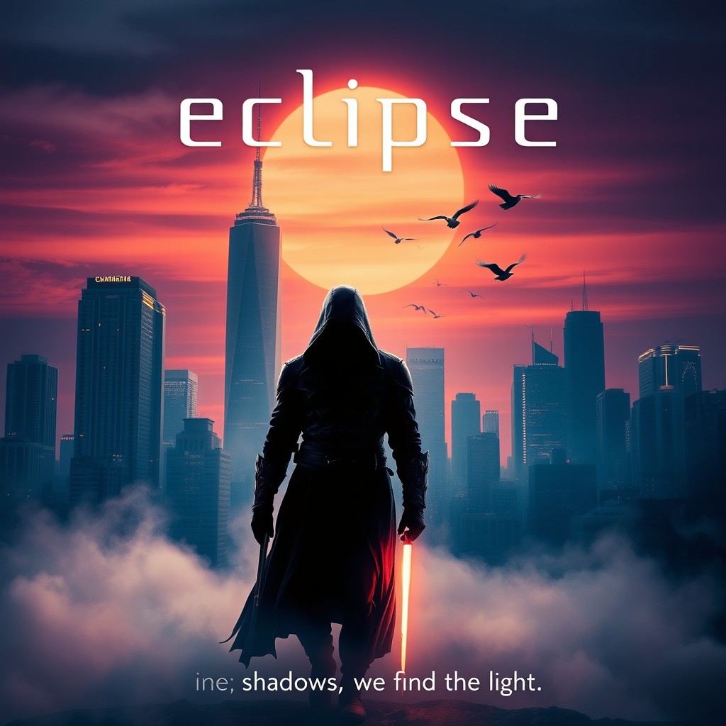 A dynamic and visually striking film poster design, featuring a mysterious, shadowy figure standing at the forefront against a dramatic skyline at sunset