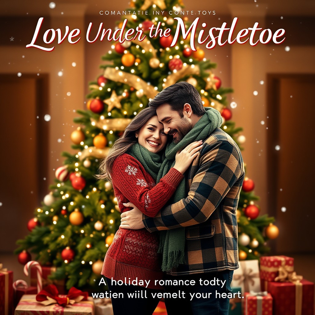 A cheerful and festive film poster for a Christmas romantic comedy, featuring a charming couple joyfully embracing in front of a beautifully decorated Christmas tree, surrounded by twinkling lights and ornaments