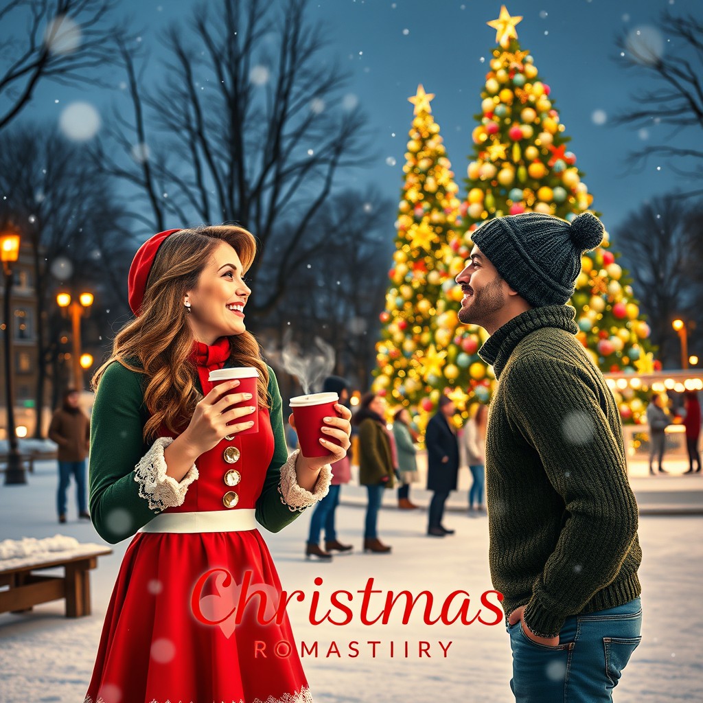 A joyful and heartwarming film poster for a Christmas romantic comedy, showcasing a delightful scene of a couple sharing a playful kiss in a snowy park, surrounded by gently falling snowflakes