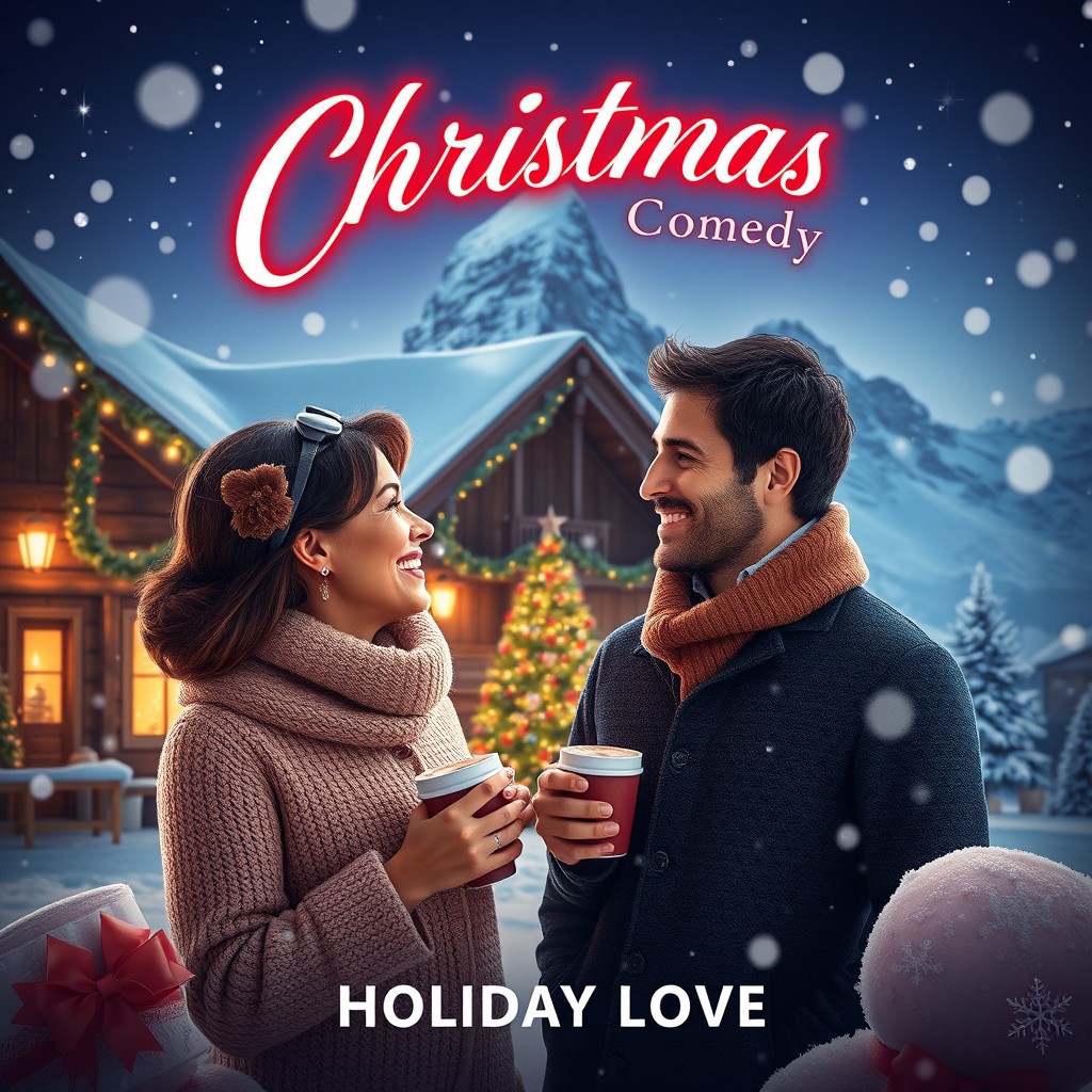 A whimsical movie poster for a Christmas romantic comedy set in a cozy inn on the Matterhorn mountain