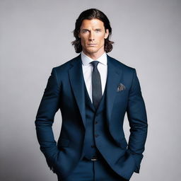 A tall and muscular man with dark blue eyes, white skin, and wavy black hair. He has a less defined jawline and is clothed in a stylish suit.