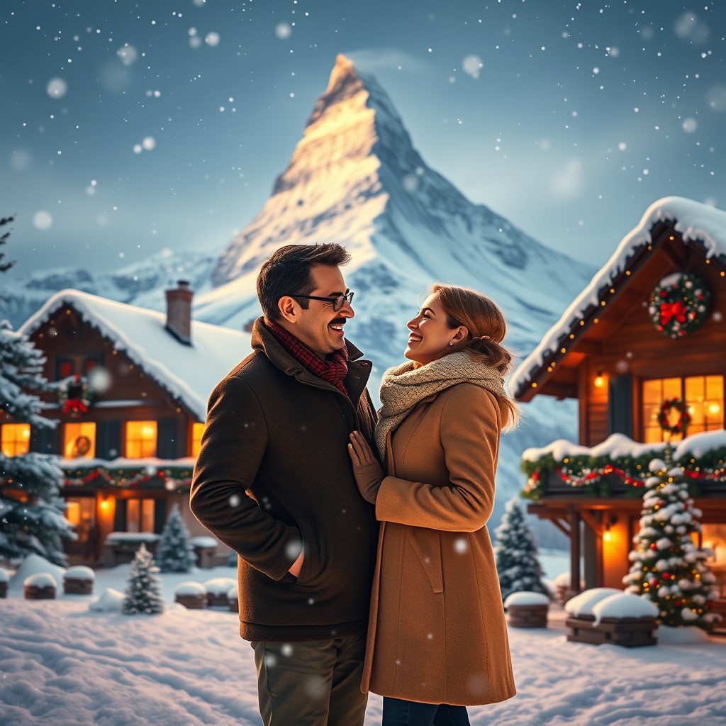 A delightful movie poster for a Christmas romantic comedy, set high in a cozy inn on the Matterhorn mountain