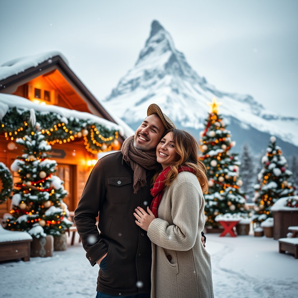 A delightful movie poster for a Christmas romantic comedy set in a cozy inn on the Matterhorn mountain