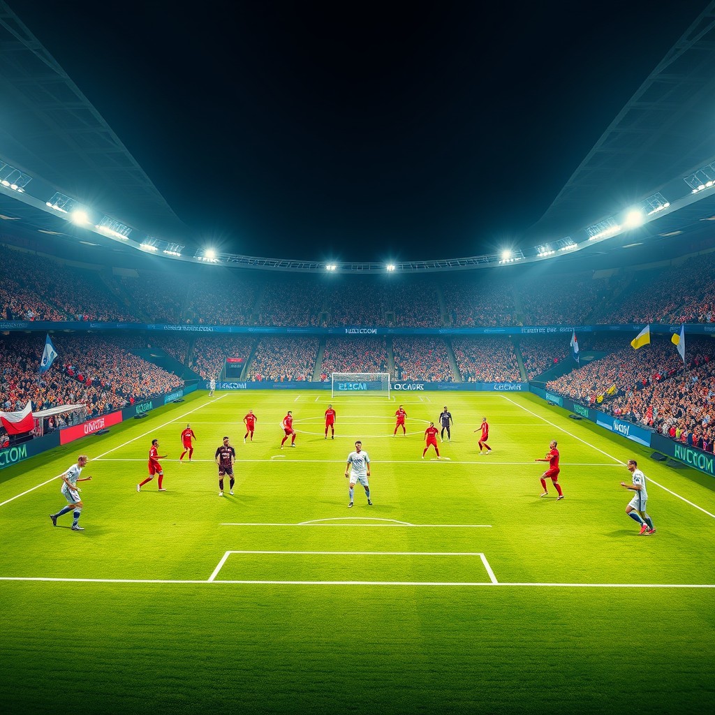 A vibrant football field inside a majestic stadium, illuminated by bright stadium lights, showcasing a thrilling scene of 11 players positioned strategically on the field