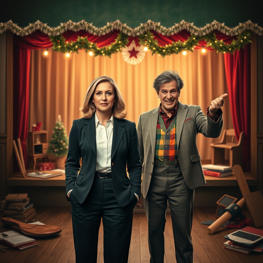 A captivating movie poster for a Christmas romantic comedy that tells the story of a buttoned-up accountant, Maggie, who leaves her high-paying job to manage a struggling small-town theater