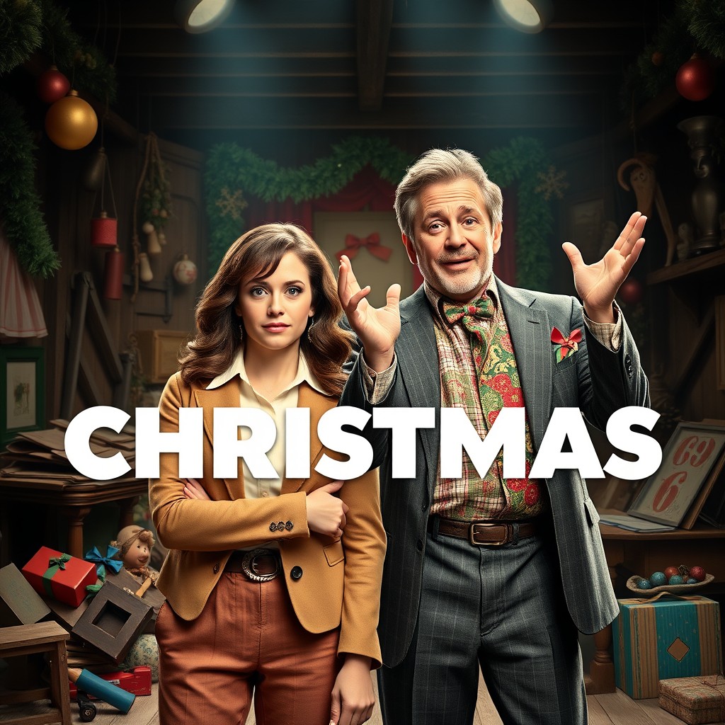 A captivating movie poster for a Christmas romantic comedy featuring a buttoned-up accountant, Maggie, and the chaotic, charismatic Artistic Director, Charles