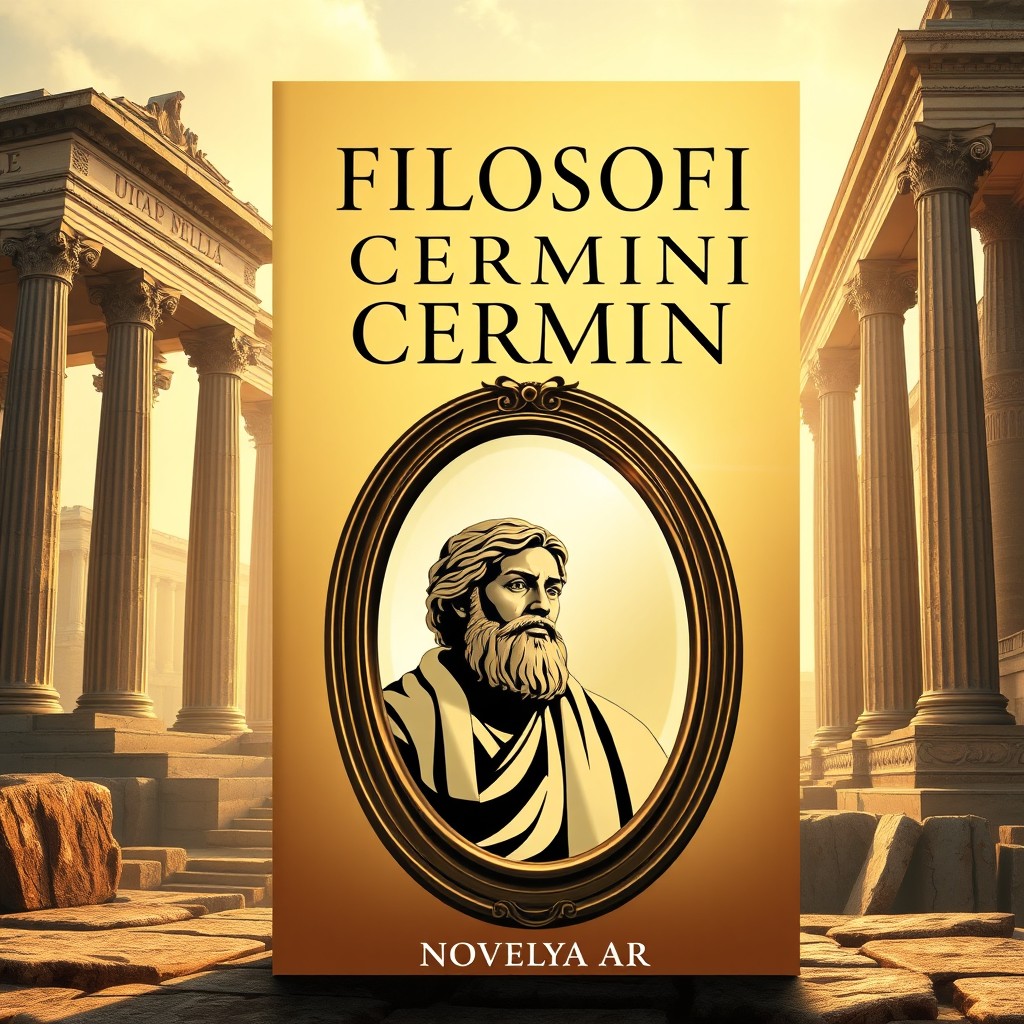 A book cover design for 'Filosofi Cermin' by Novelya AR, featuring a classic ancient Roman philosophical setting
