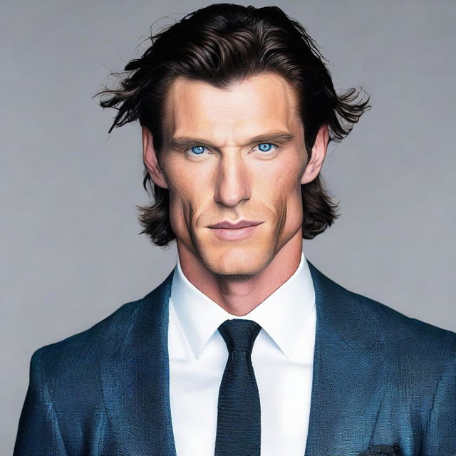 A tall and muscular man with dark blue eyes, white skin, and wavy black hair. He has a less defined jawline and is clothed in a stylish suit.