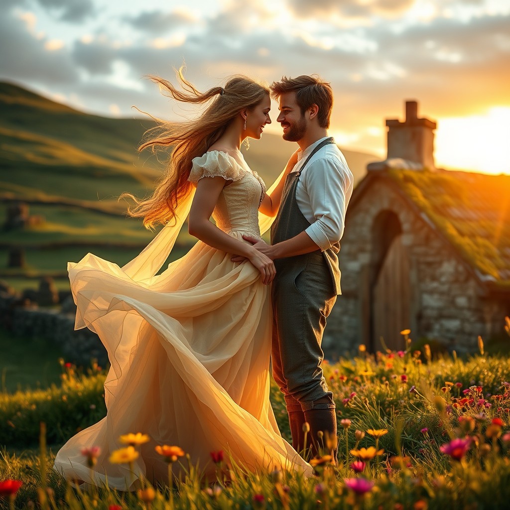 A captivating film poster without any titles or text, showcasing a runaway princess in a picturesque Irish landscape