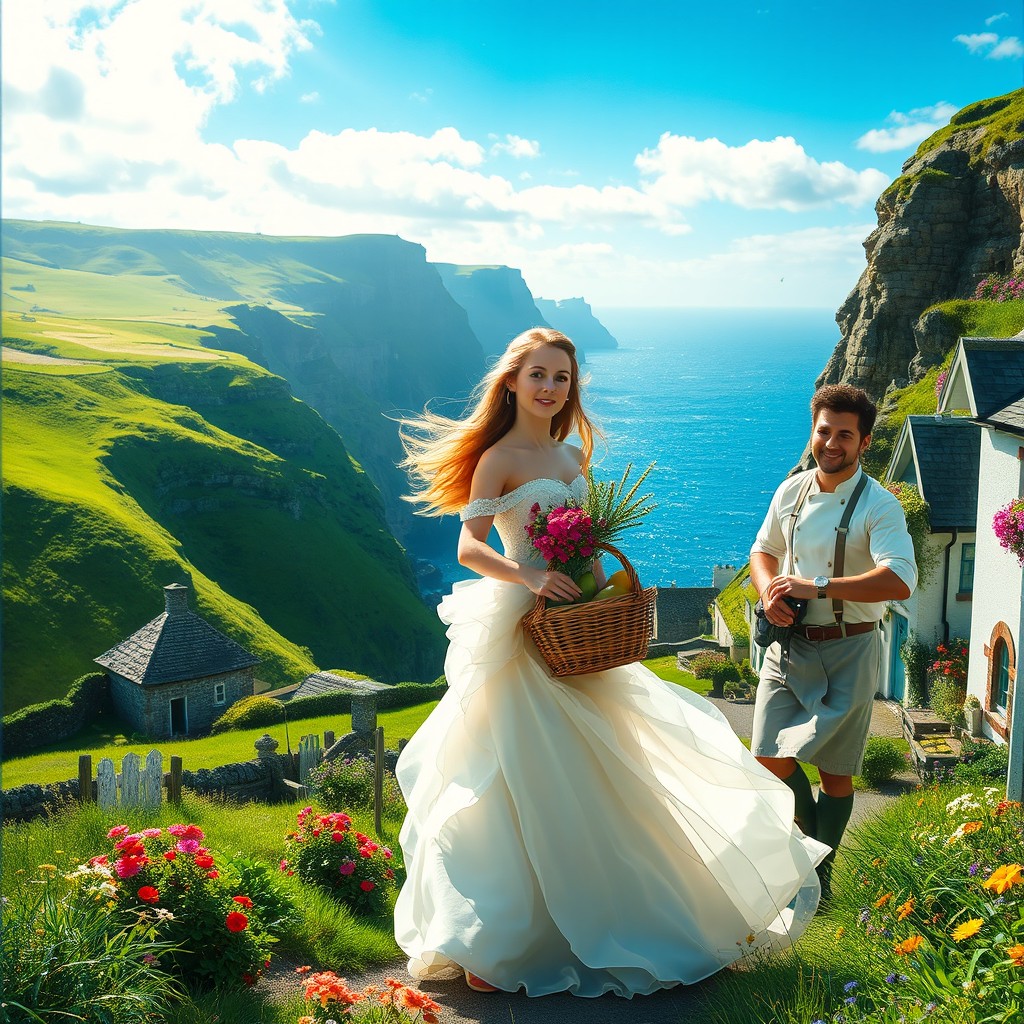 A captivating film poster without any titles or text, depicting a runaway princess in an idyllic Irish setting