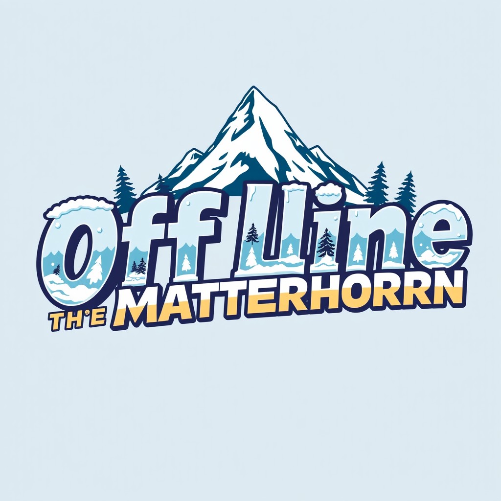 A colorful and adventurous text design featuring the phrase 'Offline on the Matterhorn' in a dynamic and bold typeface