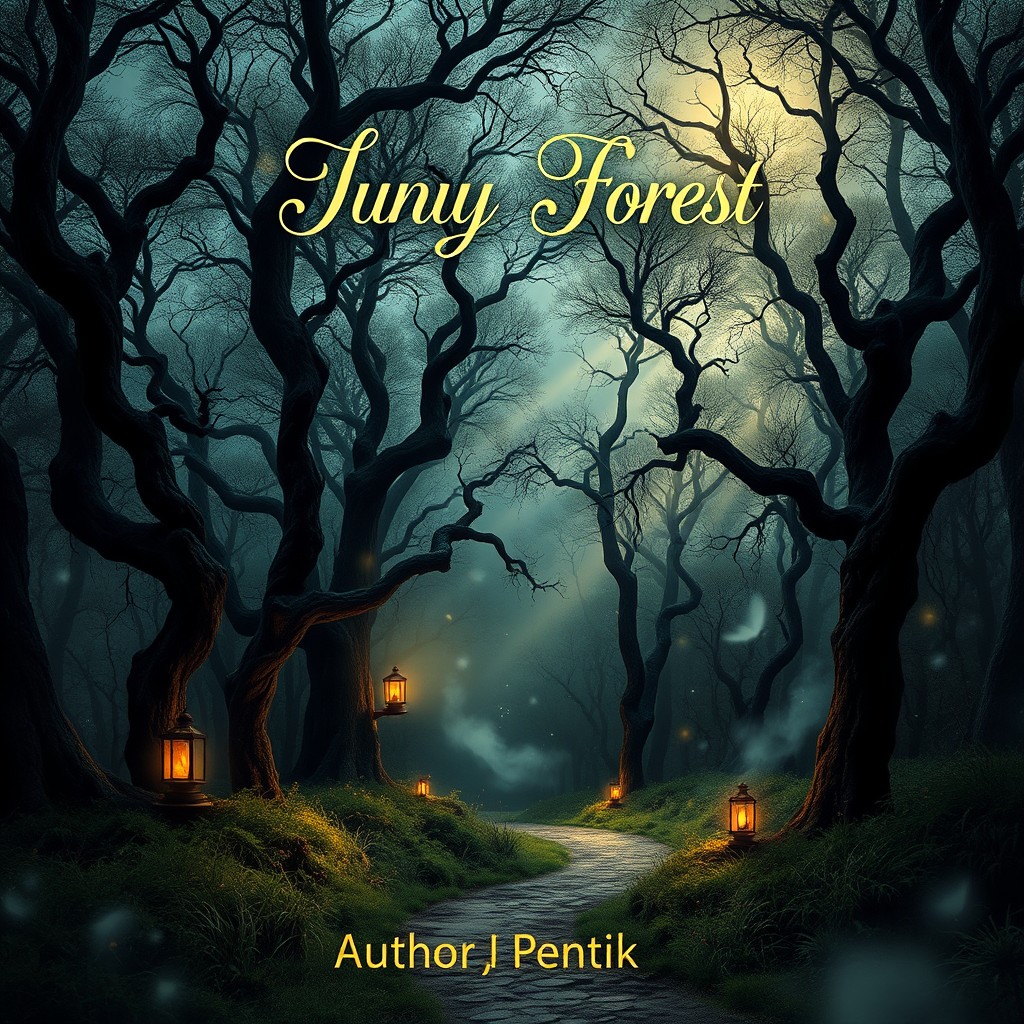A captivating book cover design featuring a mystical forest at dusk
