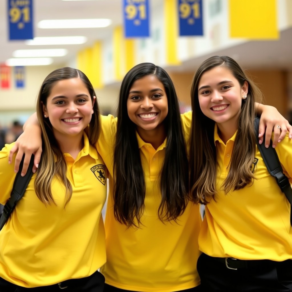 Three high school students displaying friendship and school spirit, standing together with their arms on each other's shoulders