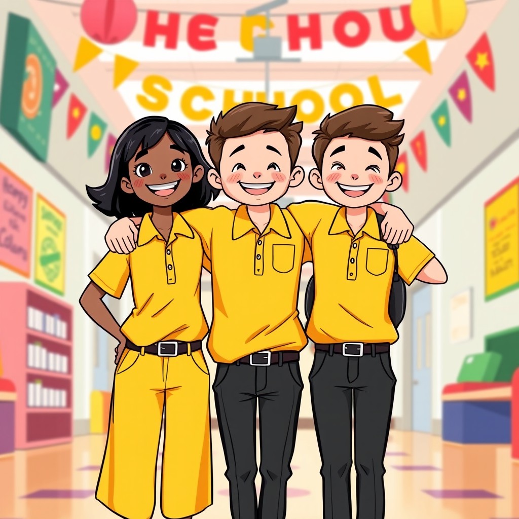 Three high school students in a vibrant cartoon design, standing proudly with their arms on each other's shoulders