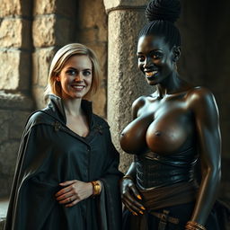 In a medieval room next to a stone pillar, a very happy young blonde woman, 19 years old, thin and short with medium-length hair, wearing thick gold bracelets and gold rings on her fingers, dressed in an elegant noble cloak with a high collar that reaches her neck, fully closed