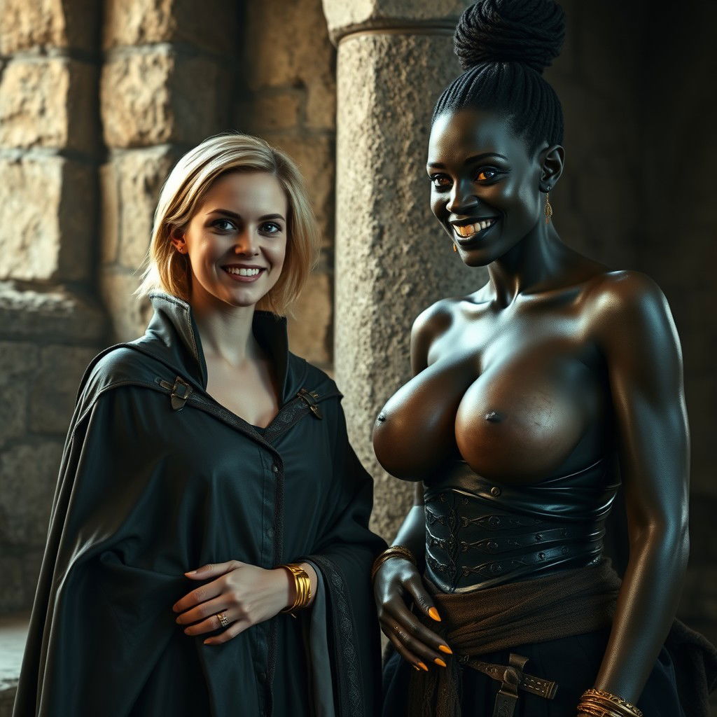 In a medieval room next to a stone pillar, a very happy young blonde woman, 19 years old, thin and short with medium-length hair, wearing thick gold bracelets and gold rings on her fingers, dressed in an elegant noble cloak with a high collar that reaches her neck, fully closed