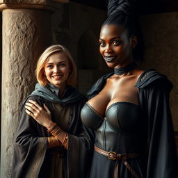 In a medieval room next to a stone pillar, a very happy young blonde woman, 19 years old, thin and short with medium-length hair, wearing thick gold bracelets and gold rings on her fingers, dressed in an elegant noble cloak with a high collar that reaches her neck, fully closed