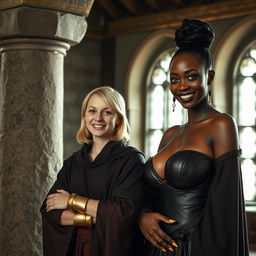 In a medieval room beside a stone pillar, a very joyful young blonde woman, 19 years old, thin and short with medium-length hair, wearing thick gold bracelets and gold rings on her fingers, dressed in a noble cloak with a high collar that reaches her neck, fully closed