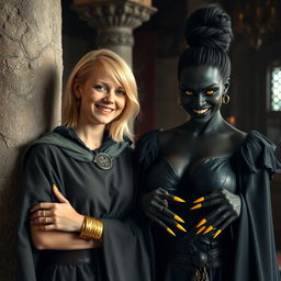 In a medieval room beside a stone pillar, a very joyful young blonde woman, 19 years old, thin and short with medium-length hair, wearing thick gold bracelets and gold rings on her fingers, dressed in a noble cloak with a high collar that reaches her neck, fully closed