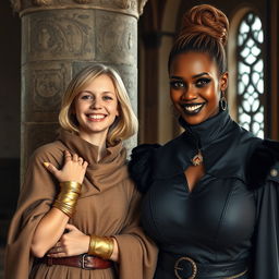 In a medieval room beside a stone pillar, a very joyful young blonde woman, 19 years old, thin and short with medium-length hair, wearing thick gold bracelets and gold rings on her fingers, dressed in a noble cloak with a high collar that reaches her neck, fully closed