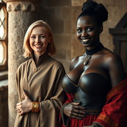 In a medieval room next to a stone pillar, a very happy young blonde woman, 19 years old, thin and short with medium-length hair, wearing thick gold bracelets and gold rings on her fingers, dressed in an elegant noble cloak with a high collar that reaches her neck, fully closed