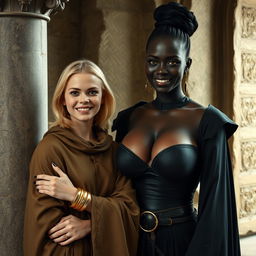 In a medieval room next to a stone pillar, a very happy young blonde woman, 19 years old, thin and short with medium-length hair, wearing thick gold bracelets and gold rings on her fingers, dressed in an elegant noble cloak with a high collar that reaches her neck, fully closed