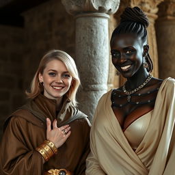 In a medieval room next to a stone pillar, a very happy young blonde woman, 19 years old, thin and short with medium-length hair, wearing thick gold bracelets and gold rings on her fingers, dressed in an elegant noble cloak with a high collar that reaches her neck, fully closed