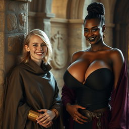 In a medieval room next to a stone pillar, a very happy young blonde woman, 19 years old, thin and short with medium-length hair, wearing thick gold bracelets and gold rings on her fingers, dressed in an elegant noble cloak with a high collar that reaches her neck, fully closed