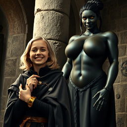 Inside a medieval room against a stone pillar, a very happy young woman with medium-length blonde hair, looking around 19 years old and quite short in stature