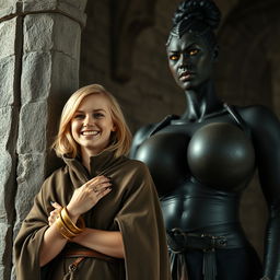 Inside a medieval room against a stone pillar, a very happy young woman with medium-length blonde hair, looking around 19 years old and quite short in stature