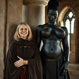 Inside a medieval room against a stone pillar, a very happy young woman with medium-length blonde hair, looking around 19 years old and quite short in stature