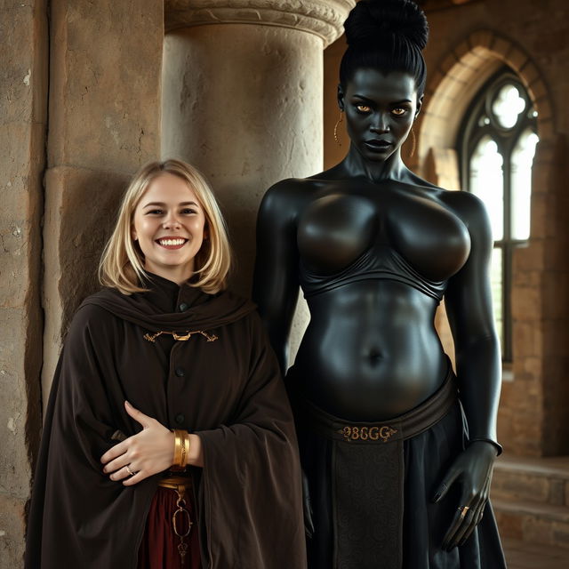 Inside a medieval room against a stone pillar, a very happy young woman with medium-length blonde hair, looking around 19 years old and quite short in stature