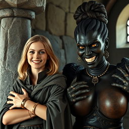 Inside a medieval room, next to a stone pillar, stands a very happy young woman with medium-length blonde hair, appearing around 19 years old, with a short stature